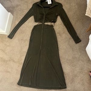 12TH TRIBE olive green, long sleeve, cut out dress.